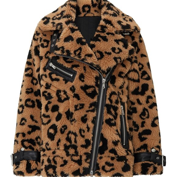 🎈SALE Avec Les Filles Leopard Teddy Faux Fur Biker Moto Jacket NEW - Picture 6 of 16